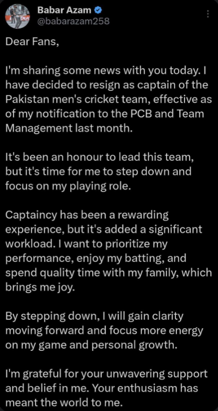 Pakistan Team Captain Babar Azam Steps Down from Leadership Role